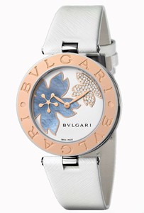 Bvlgari B-Zero 1 Quartz Diamond Pave and Floral Design Dial 18ct Rose Gold Bezel White Leather Watch# BZ35FDSGL (Women Watch)