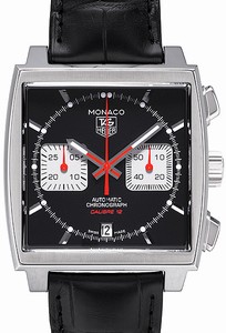 TAG Heuer Monaco Calibre 12 Automatic Chronograph Date Black Leather Watch #CAW2114.FC6177 (Men Watch)