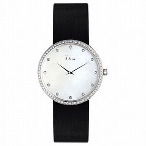 Christian Dior La D De Dior Quartz White Mother of Pearl Dial Diamond Bezel Black Leather Watch# CD043114A001 (Women Watch)