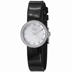 Christian Dior La D De Dior Quartz White Mother of Pearl Diamond Dial Diamond Bezel Black Leather Watch# CD047111A001 (Women Watch)
