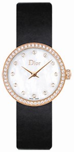 Christian Dior La D De Dior Quartz White Mother of Pearl Diamond Dial Diamond Bezel Rose Gold Case Black Satin Watch# CD047170A001 (Women Watch)