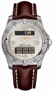 Breitling Quartz Stratus Silver Digital/analog With Arabic Hour Markers, Alarm, Gmt Second Time-zone, Chronograph, Backlight, Countdown Timer Features. Dial Brown Calfskin Leather Band Watch #E7936210/G682-LST (Men Watch)