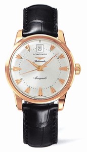 Longines Automatic Silver Dial 18ct Rose Gold With Black Leather Strap Watch # L1.611.8.78.4 (Men Watch