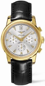 Longines Automatic 18k Polished Yellow Gold Silver Chronograph With Date At 12 And Gold Hands & Hour Markers - Hersalite Crystal Dial Black Crocodile Leather Band Watch #L1.641.6.72.4 (Men Watch)