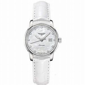 Longines Automatic White Mother Of Pearl Dial Stainless Steel Case With White Leather Strap Watch #L2.263.0.87.2 (Women Watch)