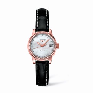 Longines Automatic White Mother Of Pearl Dial 18ct Rose Gold Case With Black Leather Strap Watch #L2.263.9.87.3 (Women Watch)