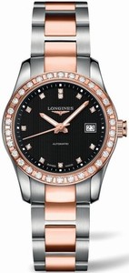Longines Conquest Classic Automatic Black Diamond Dial Date Diamond Bezel Stainless Steel and 18k Rose Gold Watch# L2.285.5.57.7 (Women Watch)