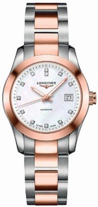 Longines Conquest Automatic White Mother of Pearl Diamond Dial 18K Rose Gold and Stainless Steel Watch# L2.285.5.87.7(Women Watch)