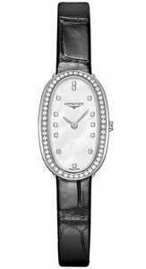 Longines Symphonette Quartz Mother of Pearl Diamond Hour Markers Diamond Case Black Leather Watch# L2.305.0.87.0 (Women Watch)