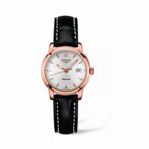 Longines Automatic Silver Dial 18ct Rose Gold Case With Black Leather Strap Watch #L2.563.8.72.3 (Women Watch)