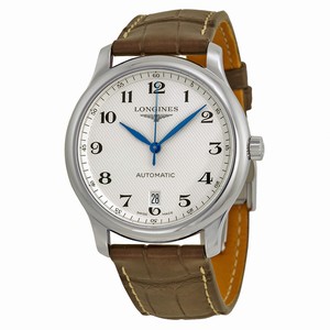 Longines Automatic Caliber L619.2 with 21 Jewels Polished Stainless Steel Silver Textured With Arabic Numerals And Date At 6 Dial Brown Crocodile Leather Band Watch #L2.628.4.78.3 (Men Watch)