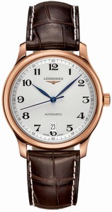 Longines Automatic Polished 18k Rose Gold Silver Textured With Arabic Numerals And Date At 6 Dial Brown Crocodile Leather Band Watch #L2.628.8.78.3 (Men Watch)