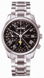 Longines Automatic Brushed And Polished Stainless Steel Black Textured Roman Numeral Chronograph With Day, Date, Month And Moon Phase Features Dial Brushed And Polished Stainless Steel Band Watch #L2.673.4.51.6 (Men Watch)