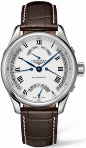 Longines Longines Caliber L698 with Approx. 48 Hr. Power Reserve Polished Stainless Steel White With Retrograde Date Displayed On Right Side Of , Retrograde Seconds At 6, Gmt Second Time Zone Feature On Left Side Dial Brown Crocodile Leather Band Watch #L