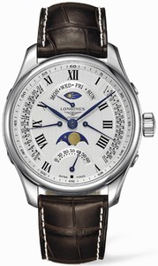 Longines Automatic Brushed And Polished Stainless Steel White Textured Roman Numeral Chronograph With Day, Date, Month And Moon Phase Features Dial Brown Corocodile Leather Band Watch #L2.739.4.71.3 (Men Watch)