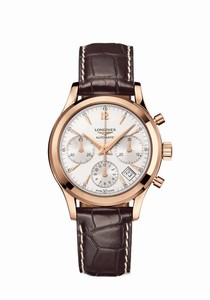 Longines Column-Wheel Chronograph Automatic Silver Dial Date 18ct Rose Gold Bezel Brown Leather Watch# L2.742.8.76.2 (Men Watch)