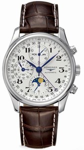 Longines Automatic Brushed And Polished Stainless Steel Silver Textured Roman Numeral Chronograph With Day, Date, Month And Moon Phase Features Dial Brown Crocodile Leather Band Watch #L2.773.4.78.3 (Men Watch)