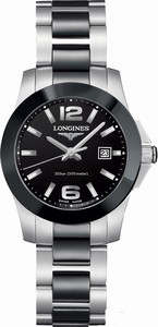Longines Conquest Quartz Black Dial Date Black Ceramic Bezel Stainless Steel and Ceramic Watch# L3.257.4.56.7 (Women Watch)