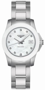 Longines Conquest Quartz Mother of Pearl Diamonds Dial White Ceramic Bezel Stainless Steel Watch# L3.257.4.87.6 (Women Watch)