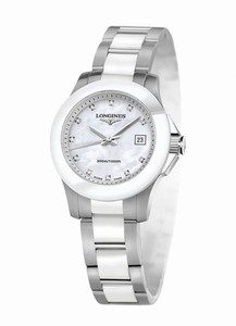 Longines Conquest Quartz Mother of Pearl Diamonds Dial Stainless Steel and White Ceramic Watch# L3.257.4.87.7 (Women Watch)