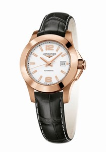 Longines Conquest Automatic White Dial 18ct Rose Gold Bezel Black Leather Watch# L3.276.8.16.3 (Women Watch)
