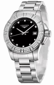 Longines Conquest Quartz Black Diamonds Date Dial Diamonds Bezel Stainless Steel Watch# L3.280.0.57.6 (Women Watch)