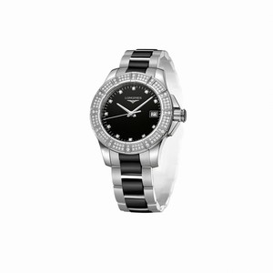 Longines Conquest Quartz Black Diamonds Dial Diamonds Bezel Stainless Steel and Black Ceramic Watch# L3.280.0.57.7 (Women Watch)