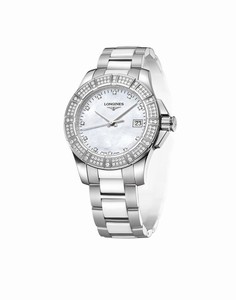 Longines Conquest Quartz Mother of Pearl Diamonds Dial Diamonds Set Bezel Stainless Steel and White Ceramic Watch# L3.280.0.87.7 (Women Watch)