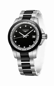 Longines Conquest Quartz Black Diamonds Dial Date Diamonds Black Ceramic Bezel Stainless Steel and Ceramic Watch# L3.281.0.57.7 (Women Watch)