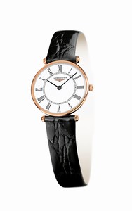 Longines La Grande Classique Quartz White Dial Roman Numerals 18ct Rose Gold Bezel Black Leather Watch# L4.191.8.11.0 (Women Watch)