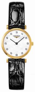 Longines Quartz Yellow Gold Plated Pvd White Mother Of Pearl With Diamond Markers Dial Black Crocodile Leather Band Watch #L4.209.2.87.2 (Women Watch)