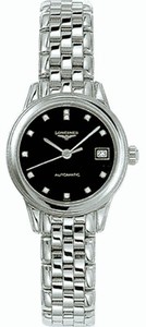 Longines Automatic Polished Stainless Steel Black With Diamonds And Date At 3 Dial Polished Stainless Steel Band Watch #L4.274.4.57.6 (Women Watch)