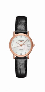 Longines Elegant Collection Automatic Diamond Hour Markers Date 18k Pink Gold Case Black Leather Watch# L4.378.8.87.4 (Women Watch)