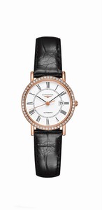 Longines Elegant Collection Automatic White Dial Date 18k Pink Gold and Diamonds Case Black Leather Watch# L4.378.9.11.4 (Women Watch)