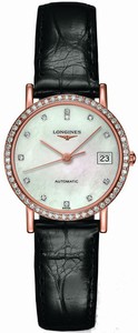 Longines Elegant Collection Automatic Mother of Pearl Diamond Dial 18ct Rose Gold Diamond Case Black Alligator Strap Watch# L4.378.9.87.0 (Women Watch)