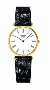 Longines La Grande Classiques Quartz White Dial Roman Numerals PVD Gold Coating Bezel Black Leather Watch# L4.512.2.11.2 (Women Watch)