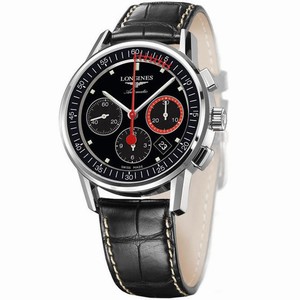 Longines Column-Wheel Chronograph Record Automatic Black Dial Date Black Leather Watch# L4.754.4.52.4 (Men Watch)