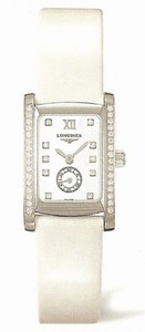 Longines Quartz Stainless Steel White Mother Of Pearl Set With 10 Diamond Hour Markers And Seconds Sub At 6 Dial White Leather Band Watch #L5.155.0.84.2 (Women Watch)