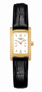 Longines Dolcevita Quartz White Dial Diamonds 18ct Gold Bezel Black Leather Watch# L5.158.7.16.0 (Women Watch)