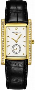 Longines Dolcevita Quartz White Dial Small Second 18ct Gold Diamonds Bezel Black Leather Watch# L5.655.7.16.0 (Men Watch)