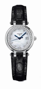 Longines Primaluna Quartz Mother of Pearl Diamonds Dial Diamonds Bezel Black Leather Watch# L8.110.0.87.2 (Women Watch)