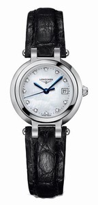 Longines Primaluna Quartz Mother of Pearl Diamonds Dial Date Black Leather Watch# L8.110.4.87.2 (Women Watch)