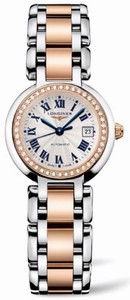 Longines Primaluna Automatic Silver Dial Roman Numerals Date Diamonds Set Bezel Stainless Steel 18ct Rose Gold Watch# L8.111.5.79.6 (Women Watch)