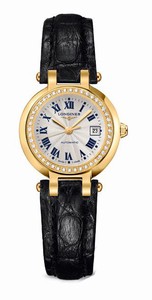 Longines Primaluna Automatic Silver Dial Roman Numerals Date Diamonds 18ct Gold Bezel Black Leather Watch# L8.111.7.78.2 (Women Watch)