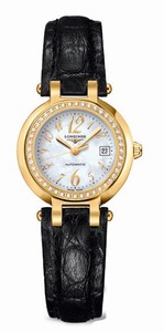 Longines Primaluna Automatic Mother of Pearl Dial Diamond 18ct Gold Bezel Black Leather Watch# L8.111.7.83.2 (Women Watch)