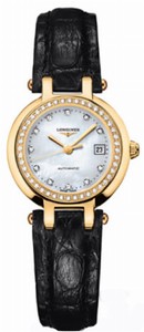 Longines Automatic 18kt Gold Diamond/mother Of Pearl Dial Crocodile Black Leather Band Watch #L8.111.7.87.2 (Women Watch)