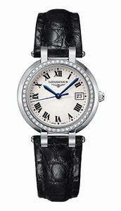 Longines Primaluna Quartz White Roman Numeral Dial Diamond Bezel Black Leather Watch# L8.112.0.71.2 (Women Watch)