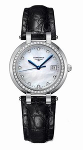 Longines Primaluna Quartz Mother of Pearl Diamond Dial Diamond Set Bezel Black Leather Watch# L8.112.0.87.2 (Women Watch)