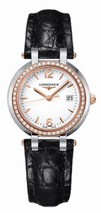 Longines Primaluna Quartz White Dial Date 18ct Rose Gold Diamond Bezel Black Leather Watch# L8.112.5.19.2 (Women Watch)