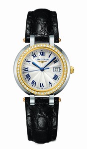 Longines Primaluna Quartz Silver Dial Date Roman Numerals Diamonds 18ct Gold Bezel Black Leather Watch# L8.112.5.95.2 (Women Watch)